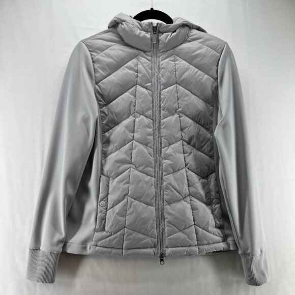 Barbour Jacket Womens Sz 8 Forecast Sweat Softshell Puffer Hooded Full Zip Gray